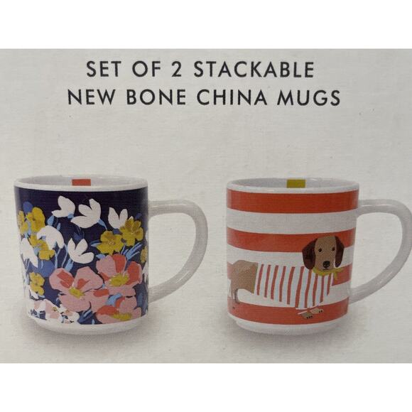 Set 2 Stackable JOULES 10oz Mugs Bone China Dachshund Dog + Floral Boxed Gift - Picture 3 of 11